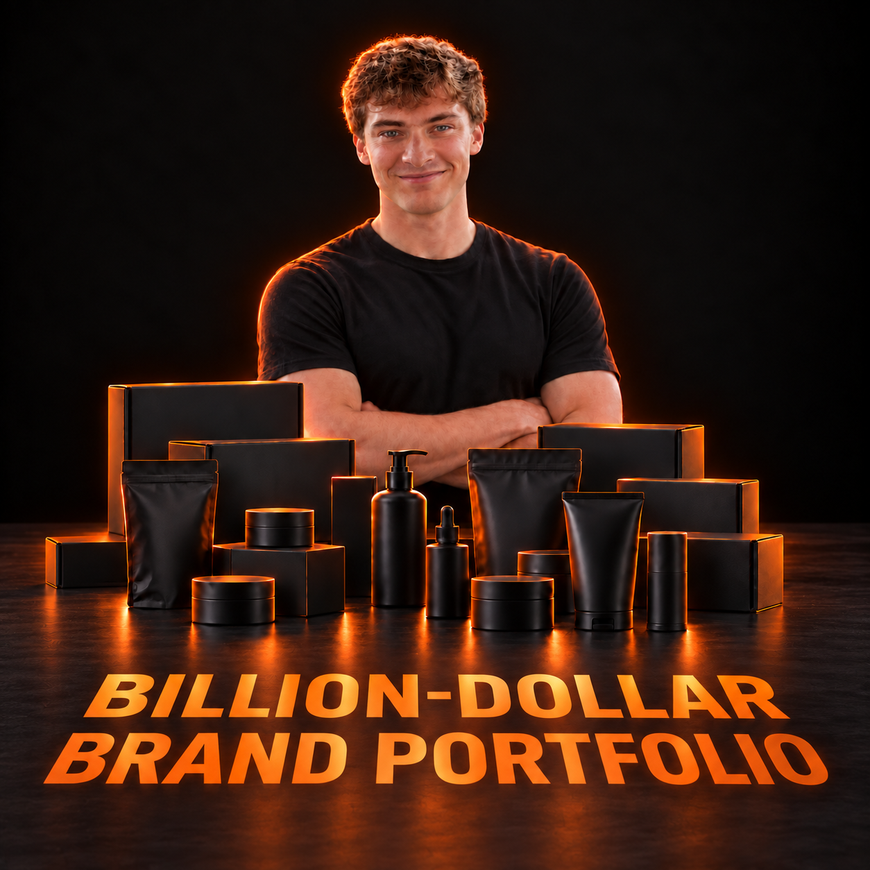 CJ Weber behind ecommerce products with Billion-Dollar Brand Portfolio lettering on the table